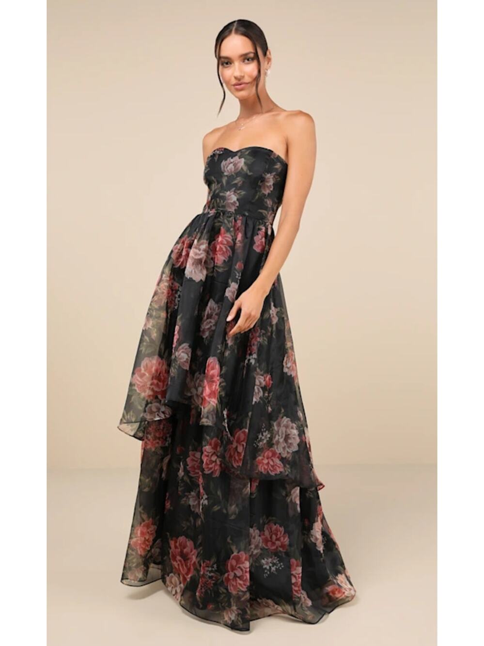 Lulus Truly Extraordinary Dress Women's Small Black Floral Organza Strapless NWT